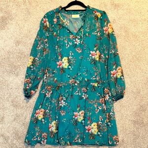 Anthropologie Teal Floral Long Sleeve Dress